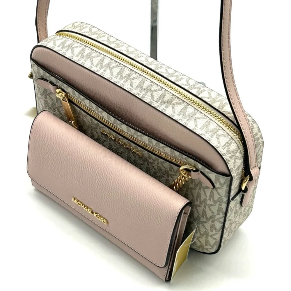 Michael Kors Jet Set LG Signature Logo Crossbody Bag & Matching Trifold Wallet - Picture 10 of 14
